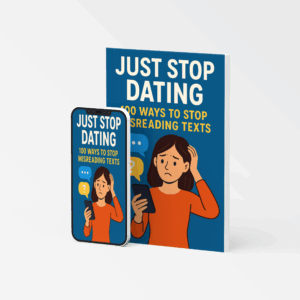 Cover of the book "100 Ways to Stop Misreading Texts" from Just Stop Dating, shown alongside a mobile phone displaying the same cover. The cover features a cartoon woman with a concerned expression, holding a phone, set against a blue background with bold white and yellow text.