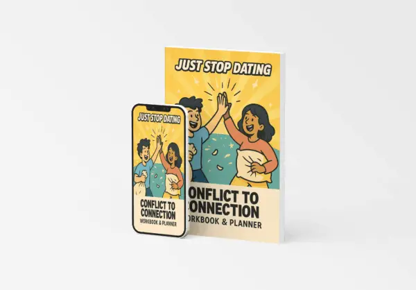 Cover of the Conflict to Connection Workbook & Planner shown in both tablet and paperback formats, featuring two partners high-fiving after resolving a playful pillow fight.