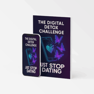 Illustration of a digital detox challenge checklist with icons representing no phone use, outdoor activities, journaling, and mindfulness, branded by Just Stop Dating.