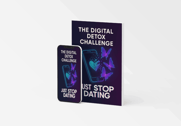 Illustration of a digital detox challenge checklist with icons representing no phone use, outdoor activities, journaling, and mindfulness, branded by Just Stop Dating.