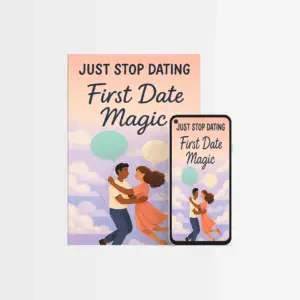 Cover of the book "First Date Magic" from Just Stop Dating, shown beside a smartphone displaying the same design. The pastel-colored artwork features a couple dancing joyfully in the clouds, holding pastel balloons, with a romantic sunset gradient in the background.