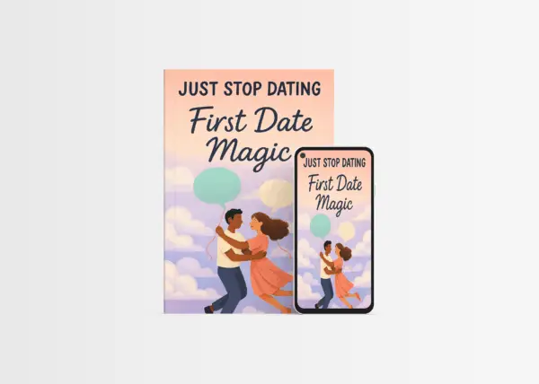 Cover of the book "First Date Magic" from Just Stop Dating, shown beside a smartphone displaying the same design. The pastel-colored artwork features a couple dancing joyfully in the clouds, holding pastel balloons, with a romantic sunset gradient in the background.