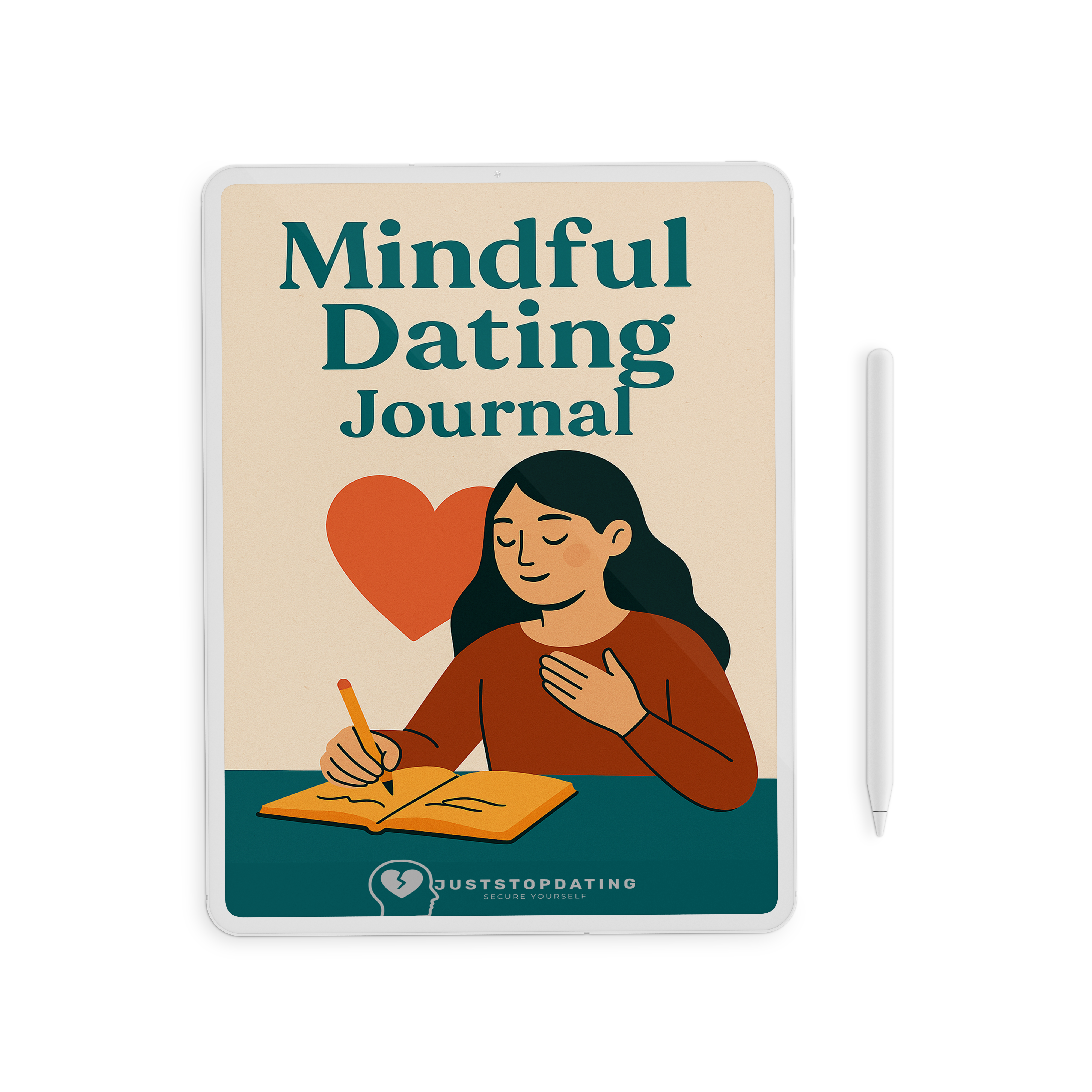 Cover of the Mindful Dating Journal displayed on a tablet, featuring an illustrated woman journaling with a heart icon in the background.